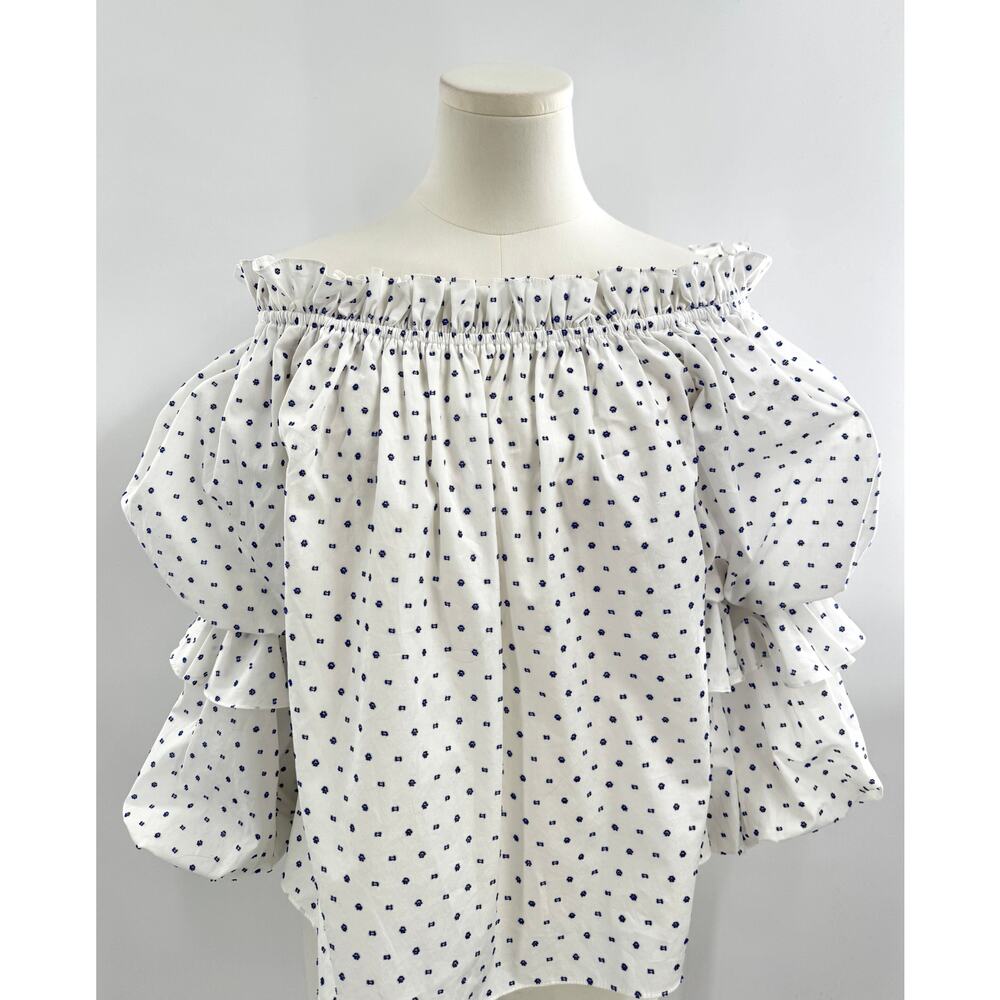 Caroline Constas White Blue Swiss Dot Off Shoulder Ruffle Blouse Small NWT